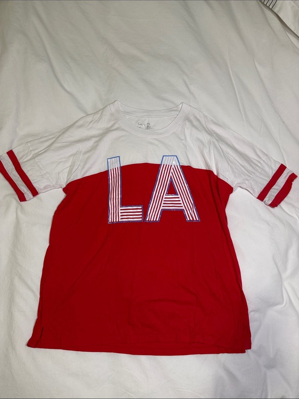 flirtitude White and Red LA Colorblock Short Sleeve Tee with Stripes
